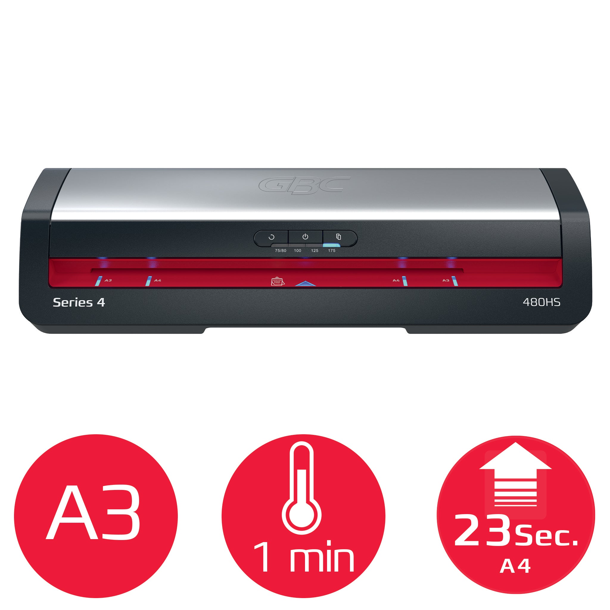 GBC 480HS Laminiergerät A3 – 2-Rollen, 75–175 µm, Aufheizzeit 1 Min., 800 mm/min, schwarz/silber/rot