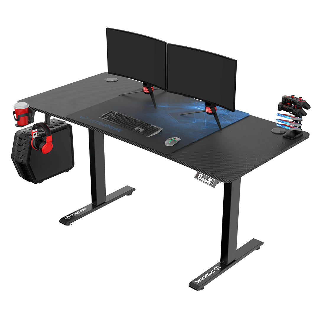 Ultradesk Level V2 Gaming-Tisch – 140 × 68 cm, höhenverstellbar, schwarz/blau, Stahl