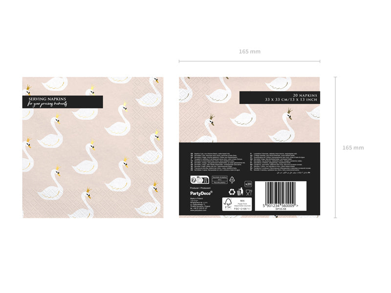 PartyDeco Papierservietten Lovely Swan, 33 × 33 cm – FSC – 20 Stk.