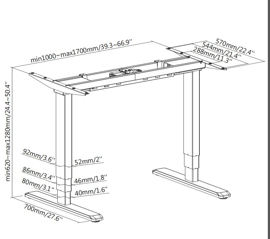 Equip ERGO – Sitz-/Steh-Tischgestell ohne Platte, elektrisch, 100–170 cm, 2 Motoren, 100 kg, weiss