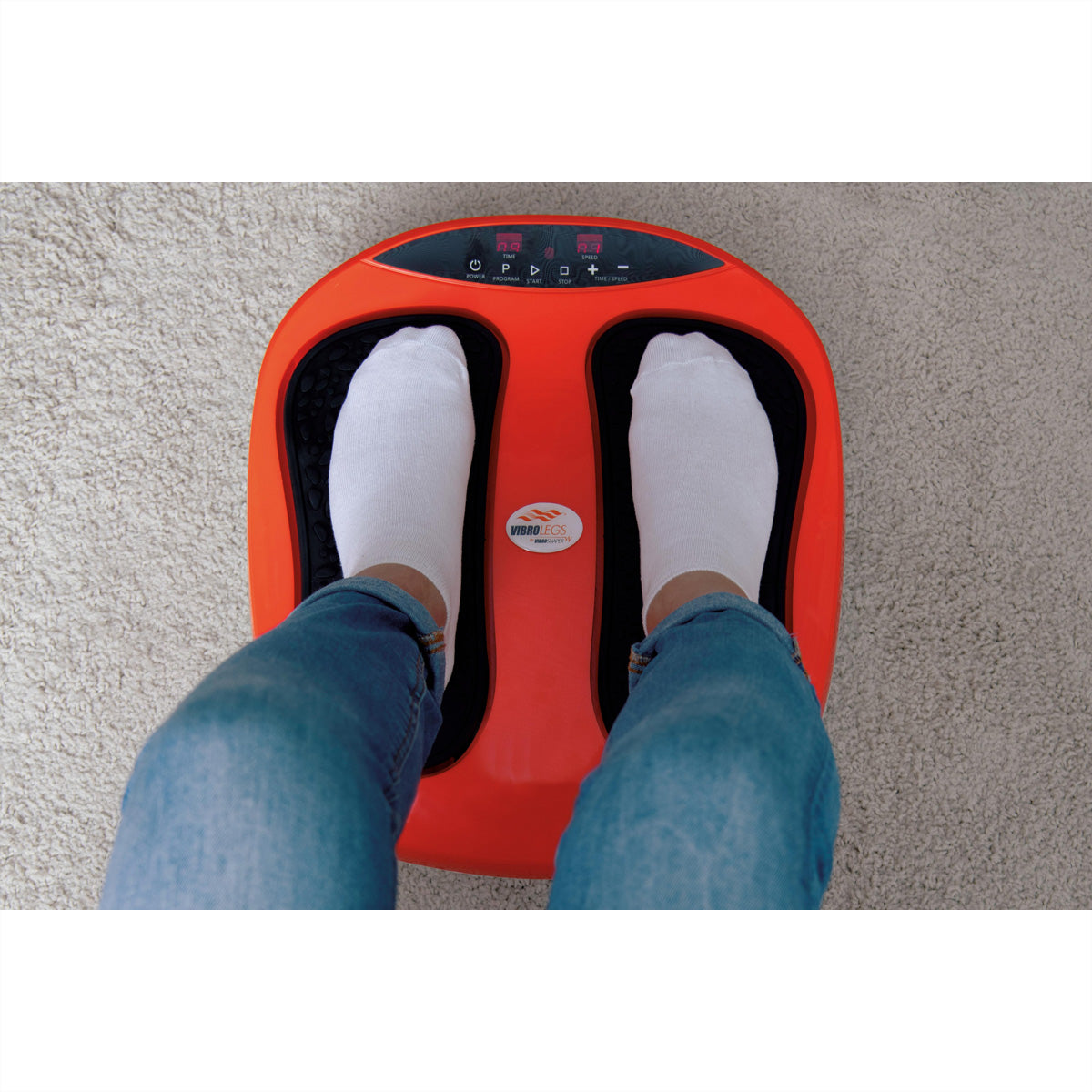 Mediashopping Vibrolegs Fussmassagegerät – Vibrationsmassage, 4 Programme, 10 Geschwindigkeitsstufen – Schwarz/Orange