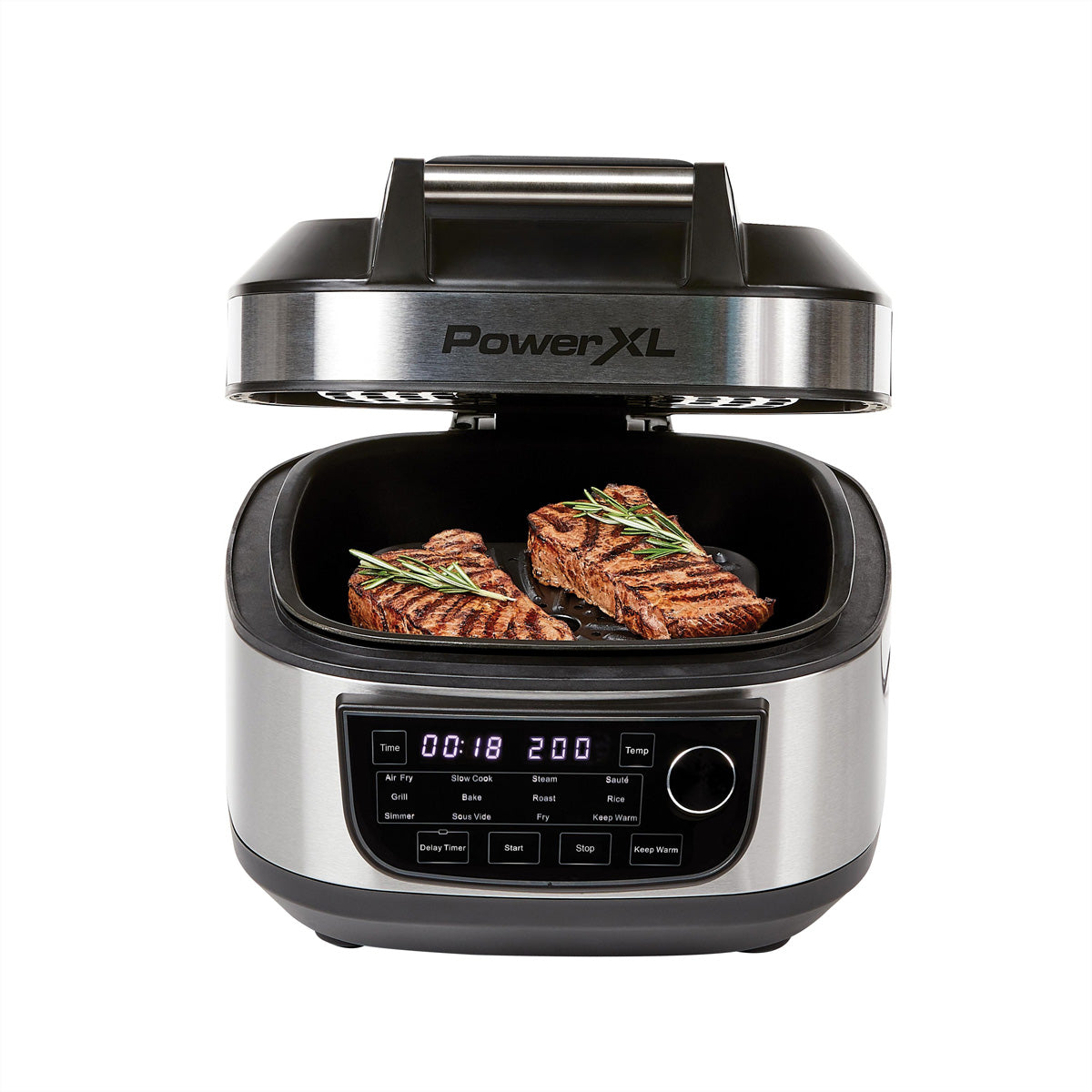 Mediashopping PowerXL Multikocher 12-in-1 – 5,7 l, Heissluftfritteuse & Grill, 1300 W – Schwarz/Edelstahl