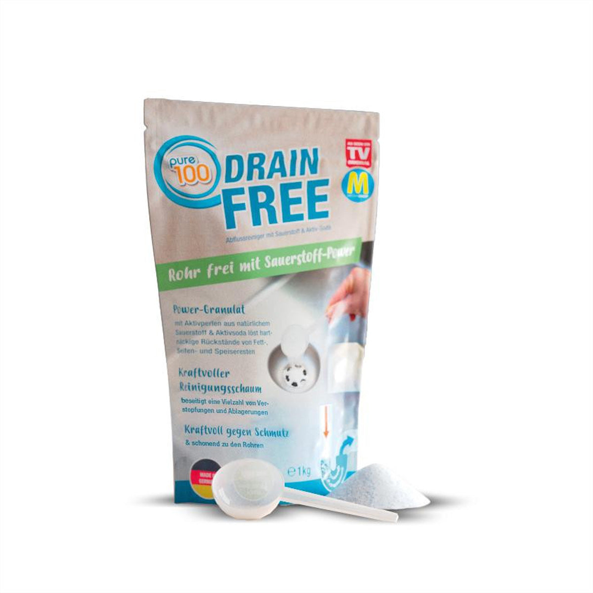 Pure100 Drain Free Abflussreiniger – Sauerstoff-Power, Granulat, Standbodenbeutel – 1000 g