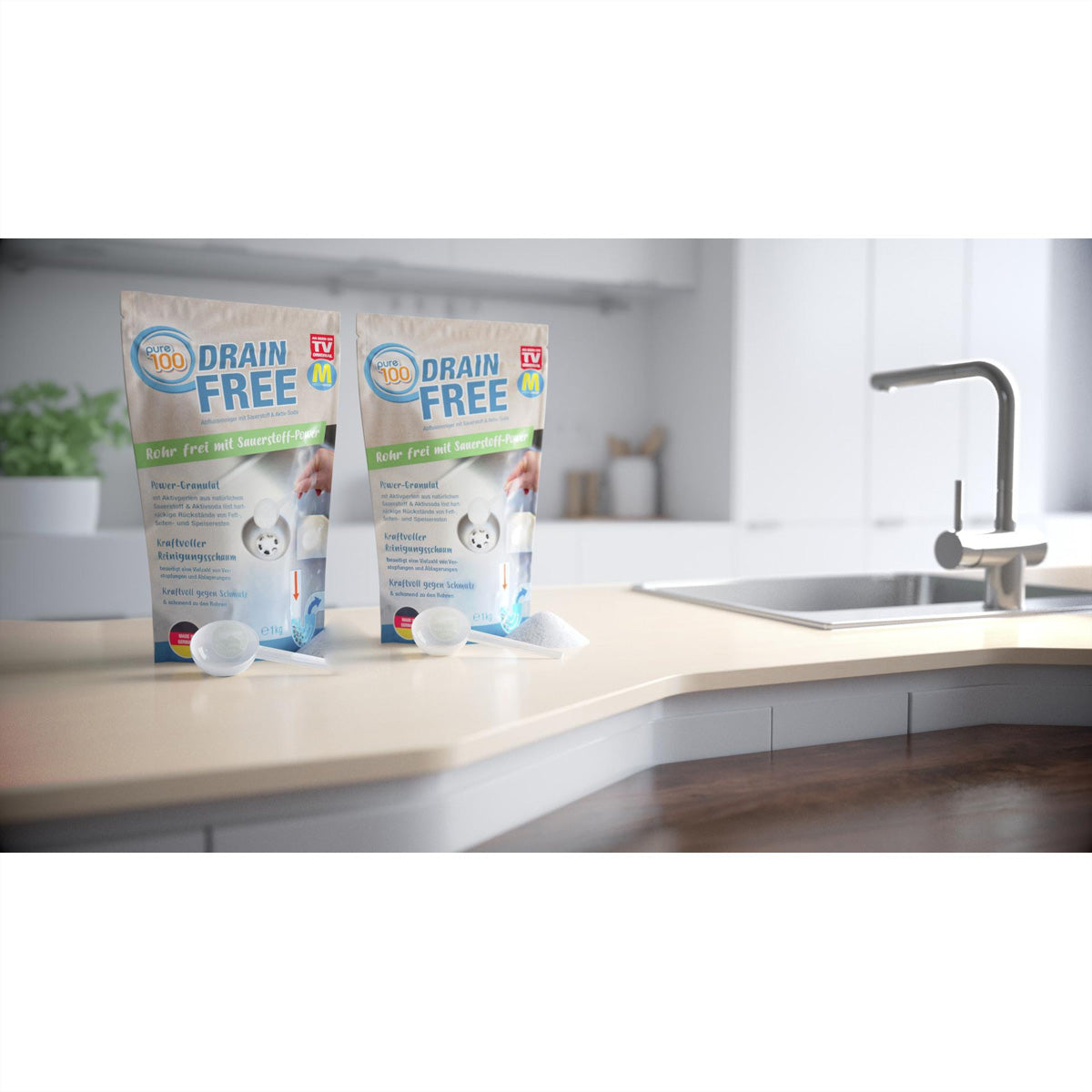 Pure100 Drain Free Abflussreiniger – Sauerstoff-Power, Granulat, Standbodenbeutel – 1000 g
