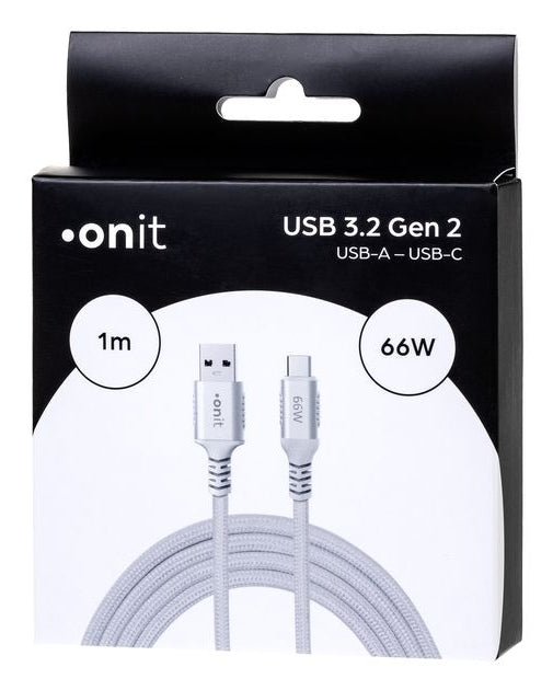 ONIT USB-A auf USB-C Kabel – USB 3.2 Gen 2 (10 Gbit/s) – 1 m – PD 66 W – Textilmantel – Weiss