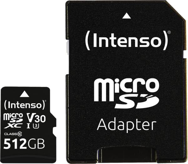Intenso PRO 3433493 microSDXC 512 GB – UHS-I, Klasse 10, U3, V30, 100/45 MB/s, inkl. SD-Adapter