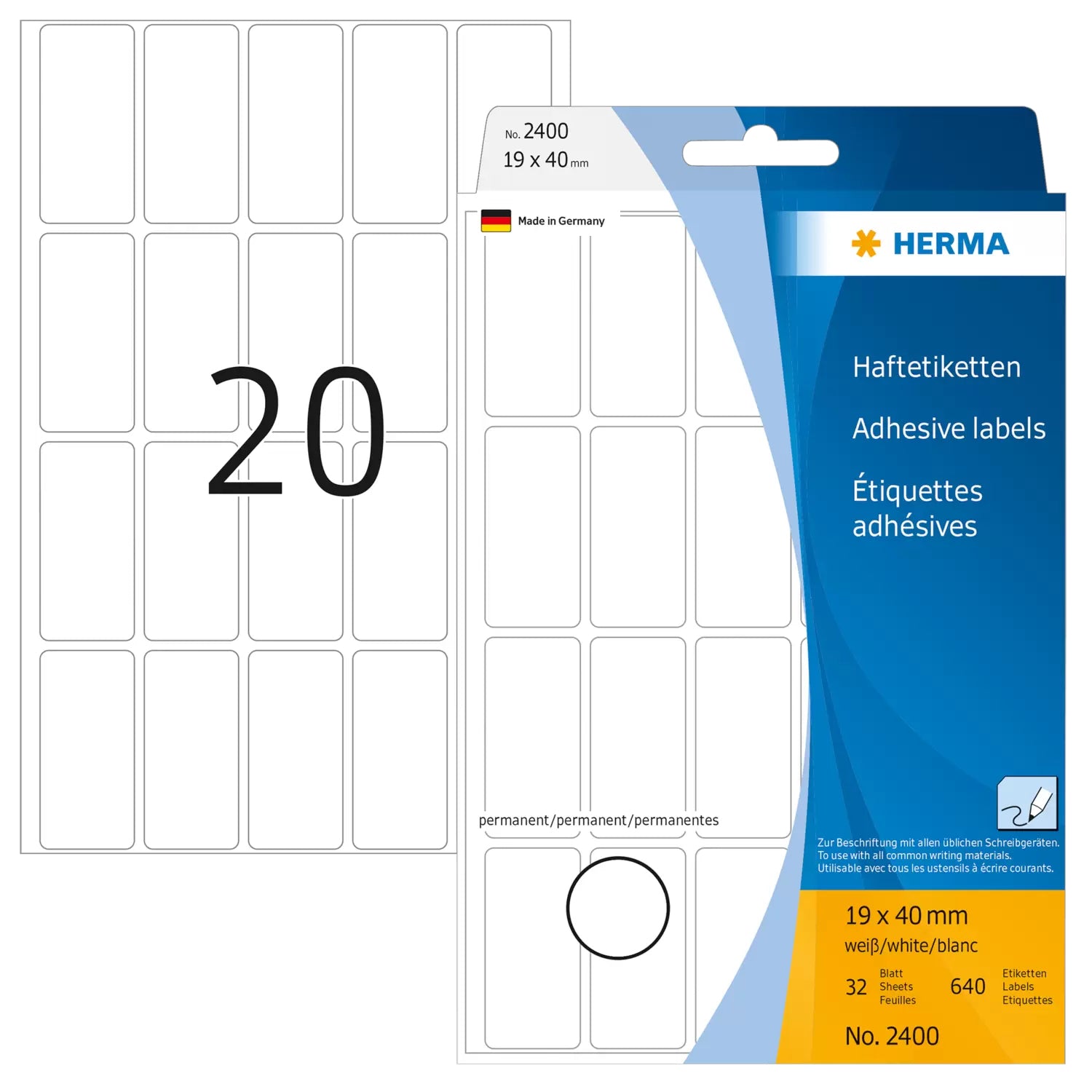 HERMA Schuletiketten – 19×40 mm, Abgerundete Ecken, 640 Stk, 32 Bogen, Papier, Stark Haftend