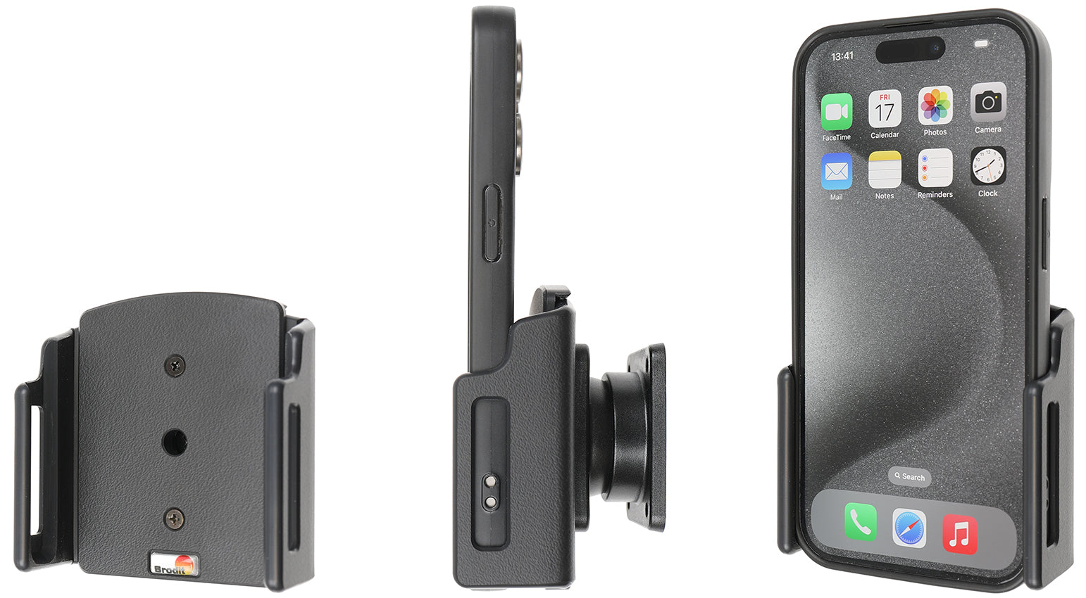 Brodit Auto-Halterung (passiv) – Neigbar 0–17°, 360° drehbar – Auto – für iPhone 15, iPhone 15 Pro – Schwarz