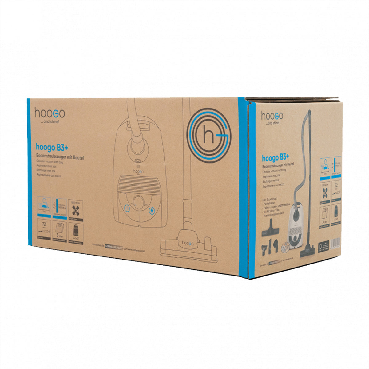 Hoogo Bodenstaubsauger B3+ – mit Beutel, 850 W, 3 l, HEPA 14