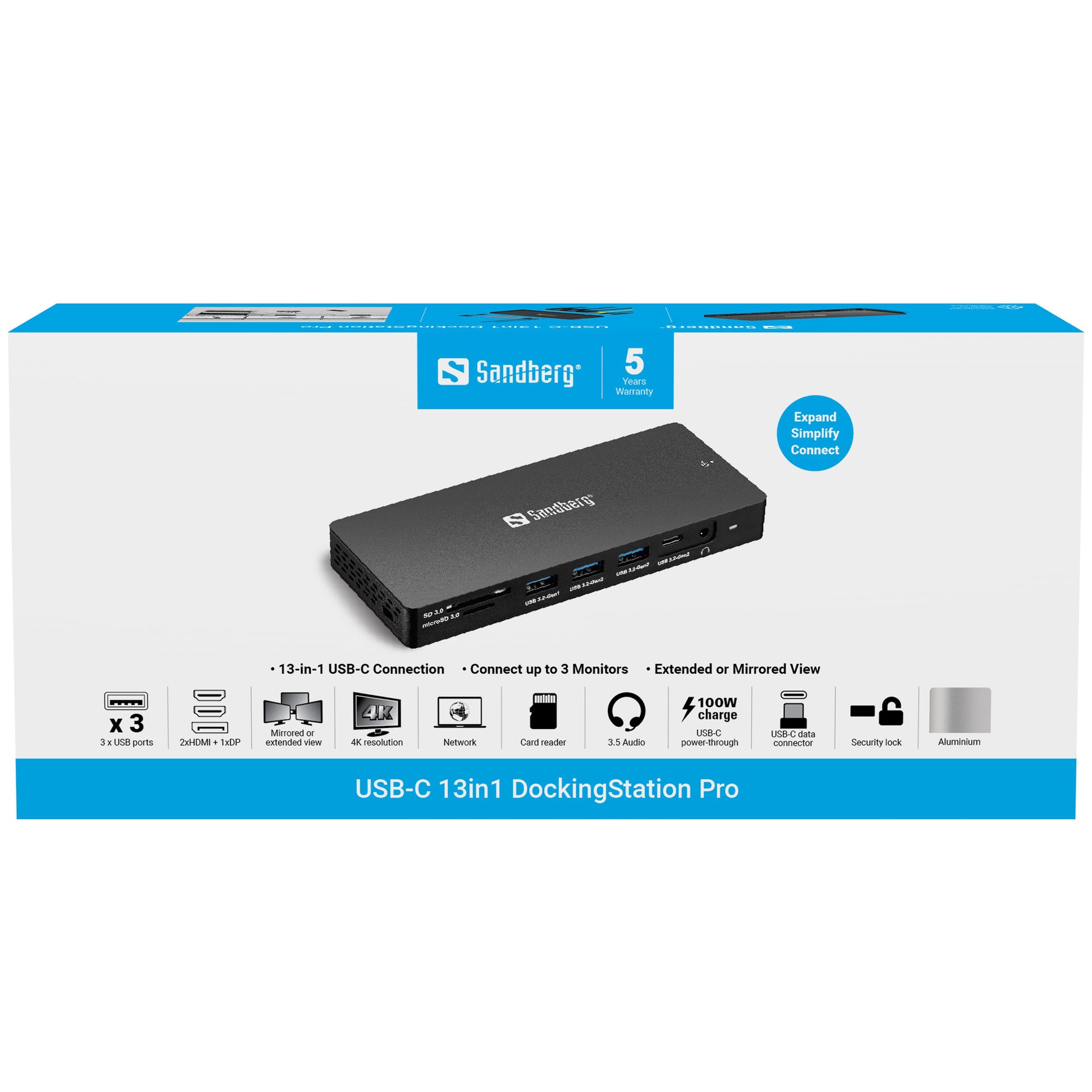 Sandberg 136-61 Dockingstation – USB-C, 1× DP, 2× HDMI, 3× USB-A, 1× USB-C, 100 W PD, GbE