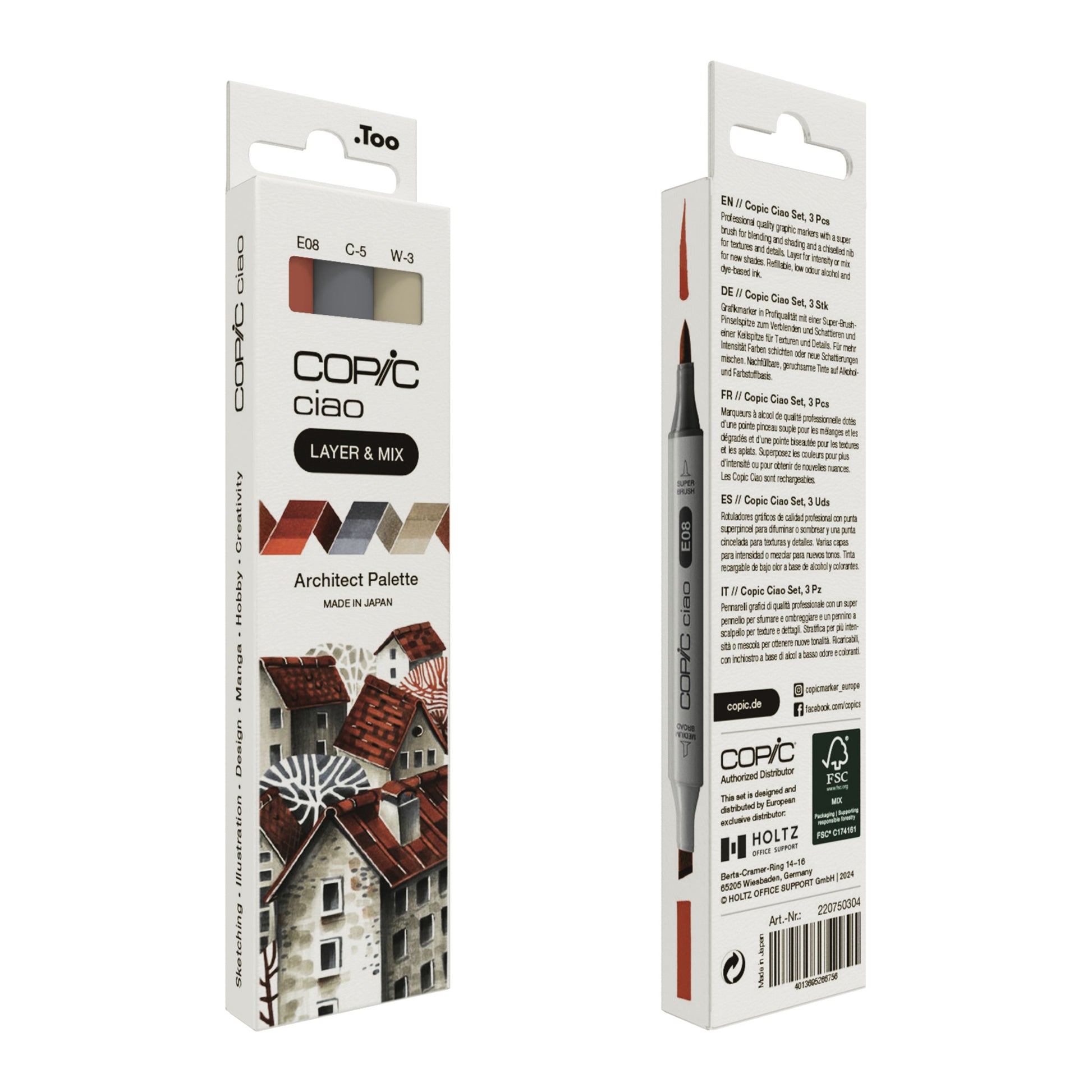 Copic Ciao Brush Pen, Doppelspitze – Pinselspitze + Keilspitze, alkoholbasiert, 3er Set