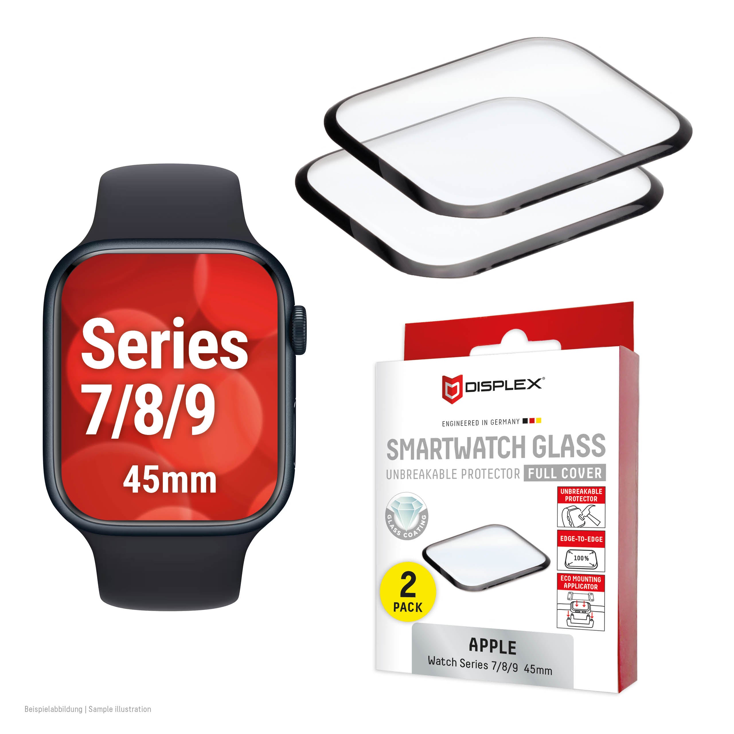 Displex Displayschutz für Apple Watch Series 9/8/7 (45 mm) – Gehärtetes Glas, Transparent