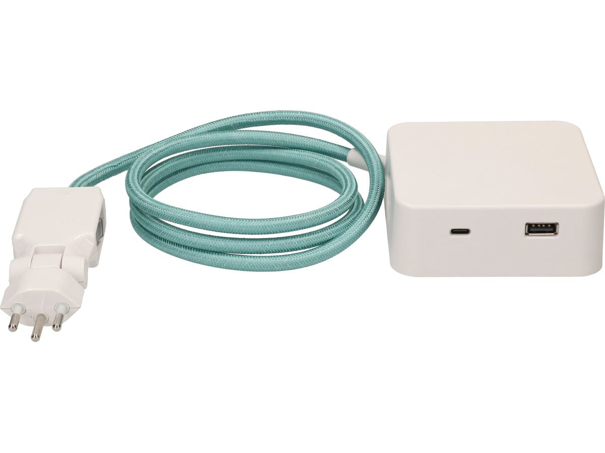maxTEX Cube Steckdosenleiste – 3× T13, USB‑A/C, 2 m, ohne Schalter, weiss/türkis