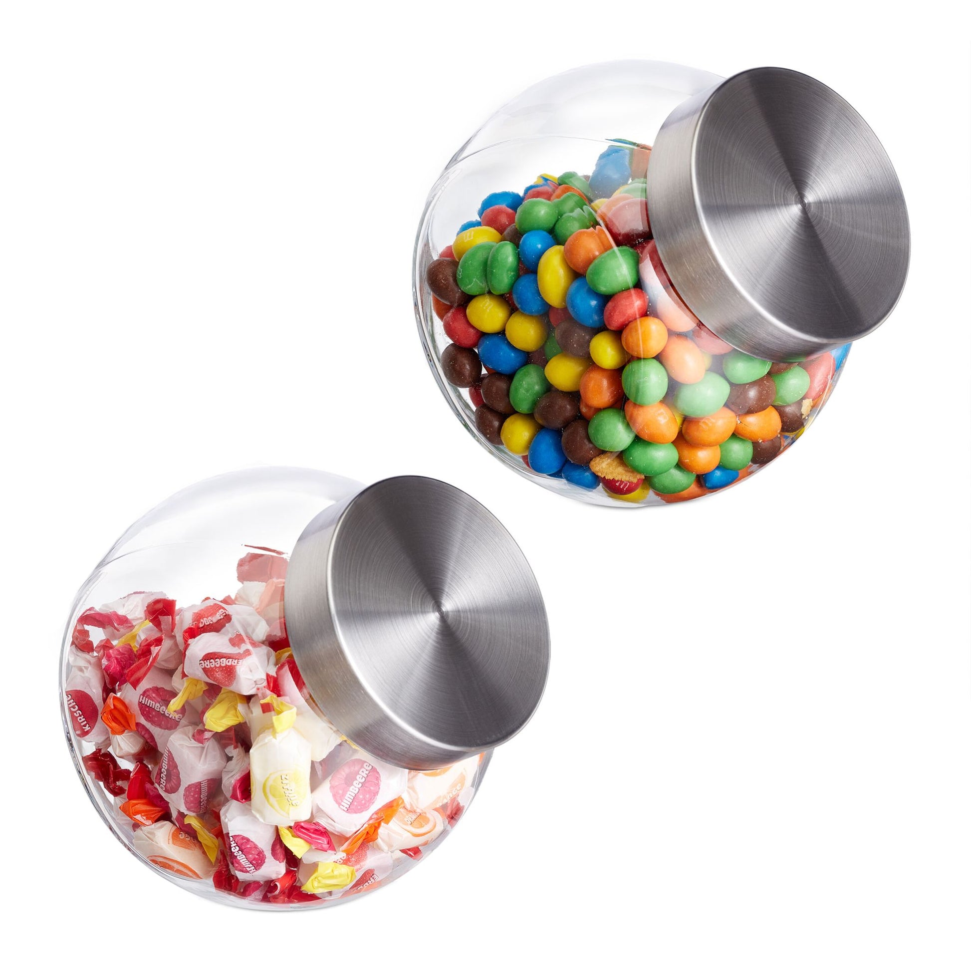 Relaxdays Vorratsdose 1,5 l, Ø 16 × 11 cm, Glas/Polypropylen (PP), Deckel Edelstahl, 2er-Set, transparent