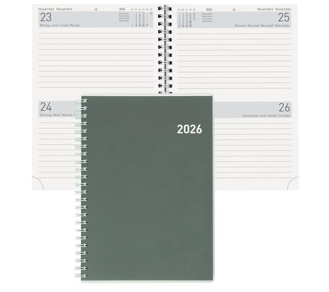 Biella Agenda – 2 Tage pro Seite, Spiralbindung, 14,5 × 20,5 cm, Jan–Dez 2026, grau, FSC