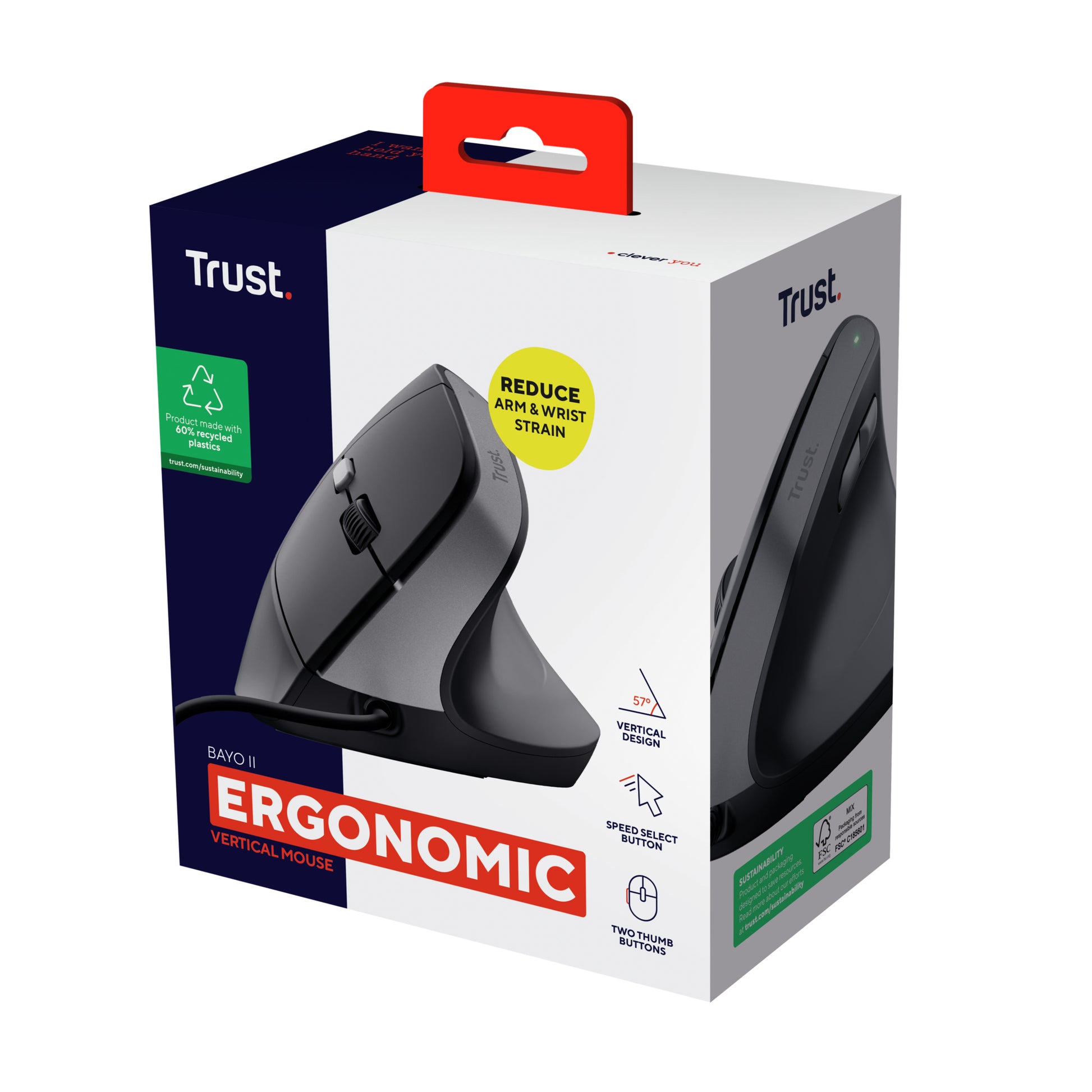 Trust Bayo II Ergonomisch – Vertikale Maus – Kabelgebunden (USB-A), Rechts, Schwarz