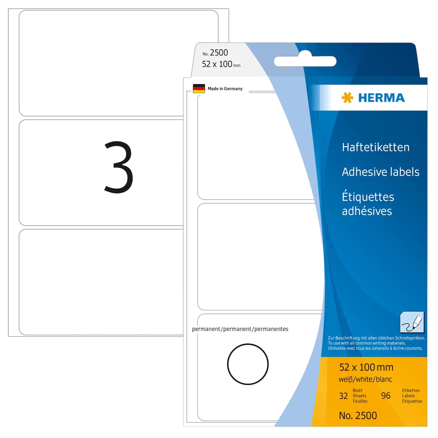 HERMA Schuletiketten – 52 × 100 mm, Abgerundete Ecken, 96 Stk, 32 Bogen, Papier, Stark Haftend