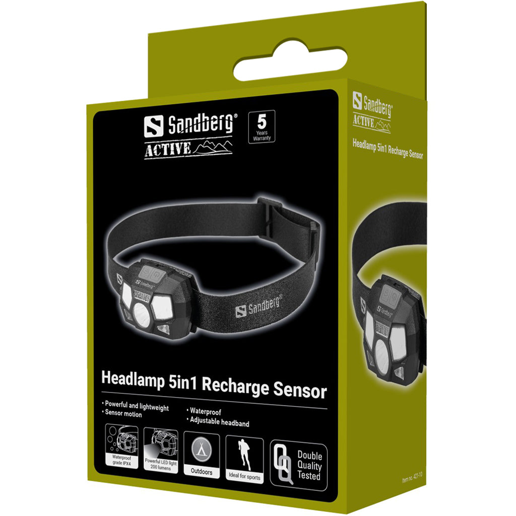 Sandberg Stirnlampe 5in1 Recharge Sensor – 200 lm, 100 m, Laufzeit 6 h – Schwarz