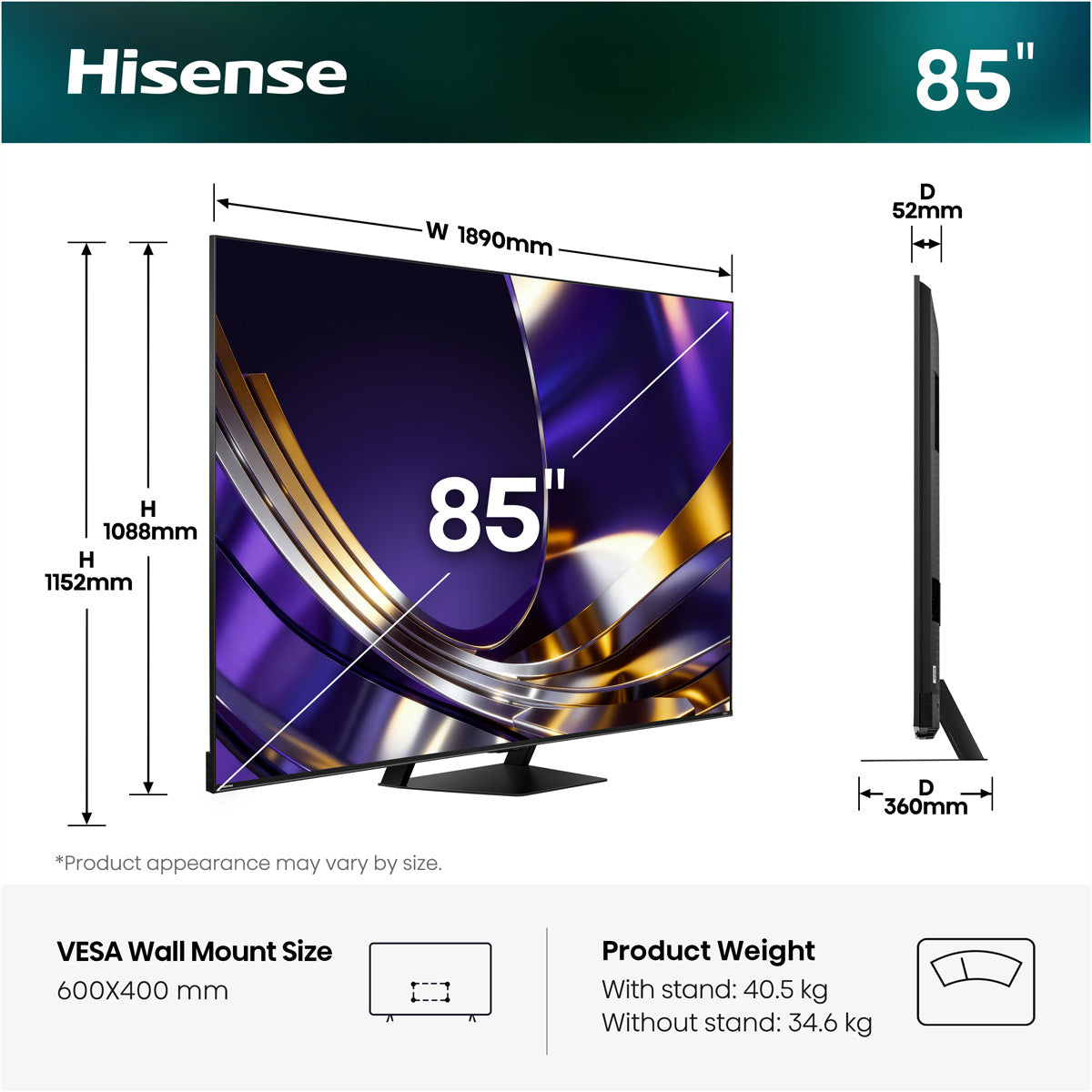Hisense 85U7DS PRO – 85" TV – 4K UHD – Mini-LED – VIDAA – 165 Hz – 3000 cd/m² – Dolby Vision IQ