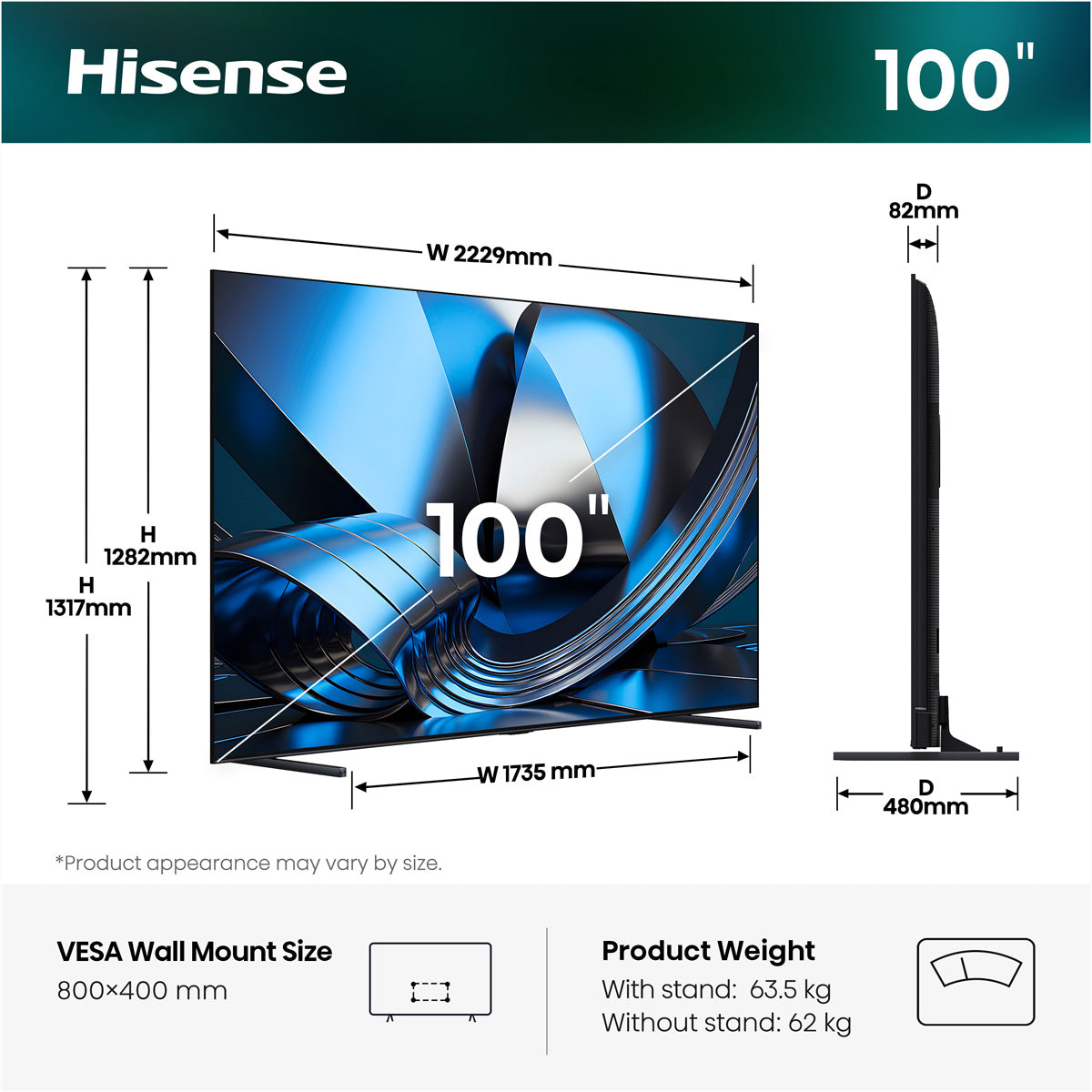 Hisense 100U7DSE – 100" Mini-LED TV – 4K UHD – VIDAA – 165 Hz – Dolby Vision