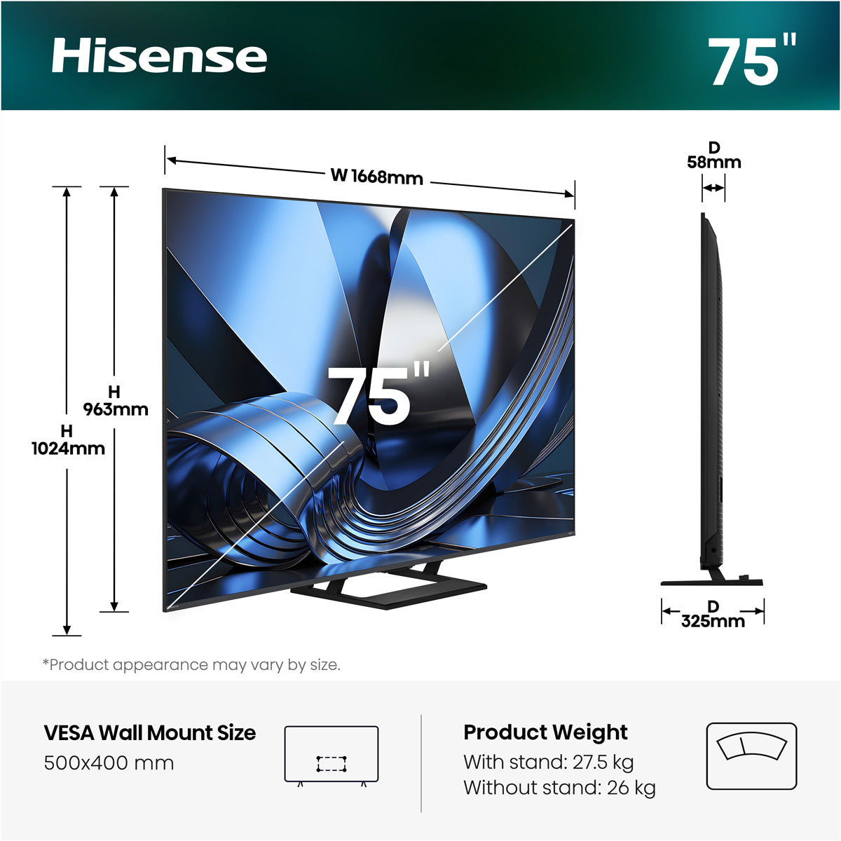 Hisense 75U7DSE – 75" TV – 4K UHD – Mini-LED (ULED) – VIDAA – 144 Hz – 1400 cd/m² – Dolby Vision IQ
