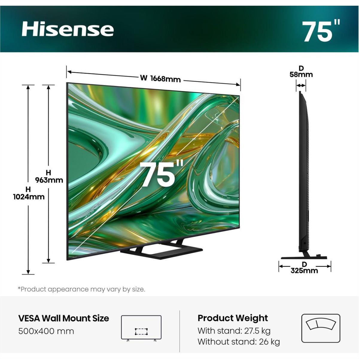 Hisense 75E8S – 75" Mini-LED TV – 4K UHD – QLED (Mini-LED) – HomeOS U9 – 144 Hz – 400 cd/m² – Dolby Vision