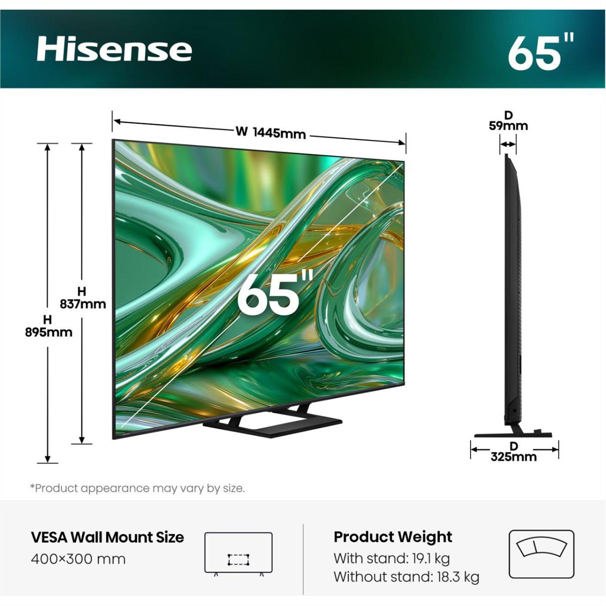 Hisense E8S 65" TV – 4K UHD – Mini-LED (QLED) – HomeOS U9 – 144 Hz – Dolby Vision