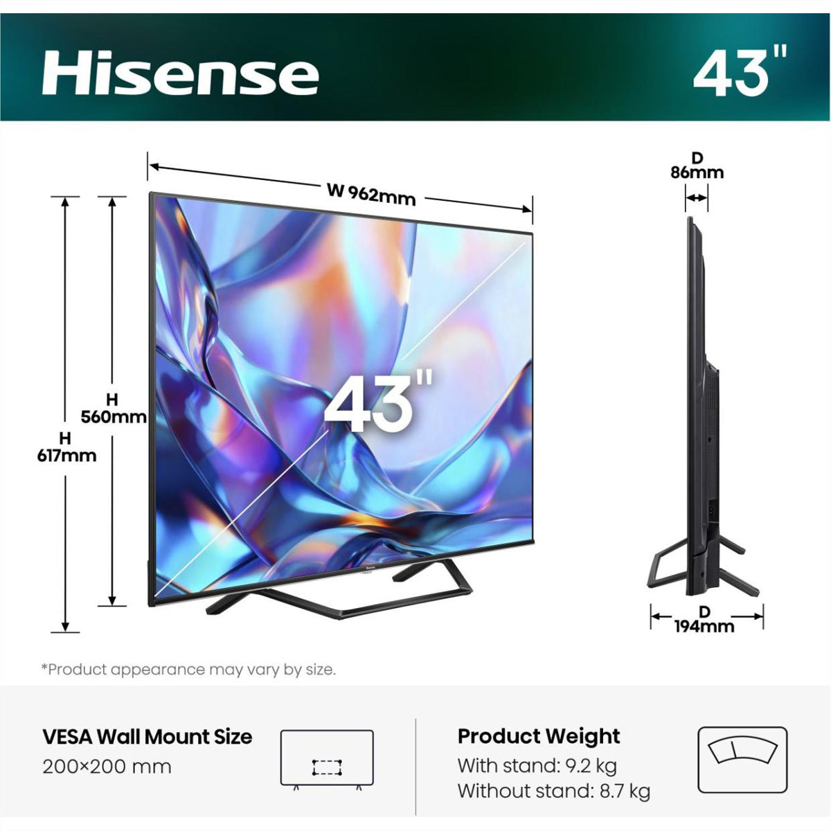 Hisense A7DS 43A7DS – 43" QLED Fernseher – 4K UHD – VIDAA – 60 Hz – Dolby Vision