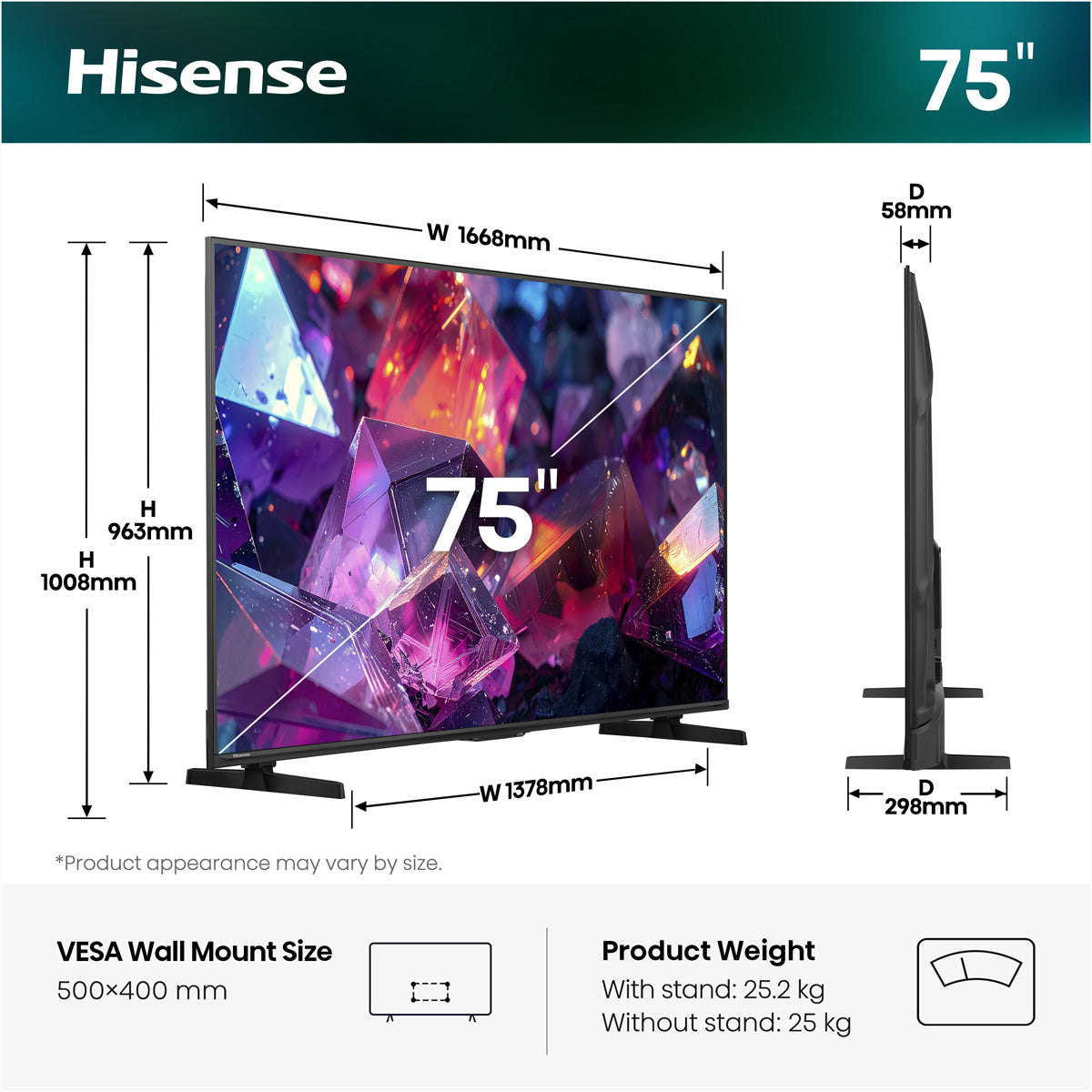 Hisense 75E7S PRO – 75" TV – 4K UHD – QLED – HomeOS U9 – 144 Hz – 350 cd/m² – HDR10+
