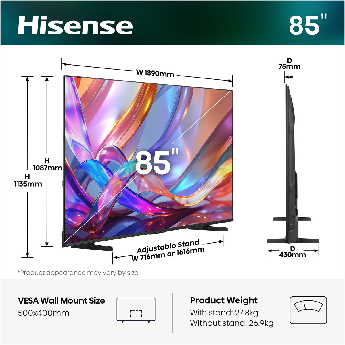 Hisense E7S / 85E7S 85" TV – 4K UHD – QLED – HomeOS – 60 Hz – 400 cd/m² – Dolby Vision