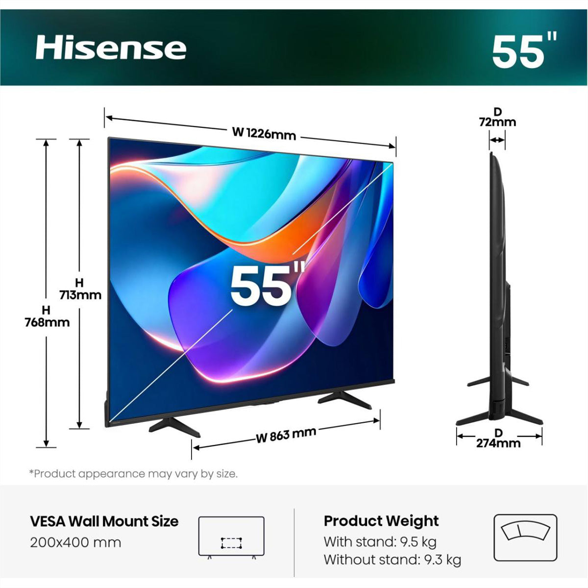 Hisense A6S 55" TV – 4K UHD – LCD (Direct-LED) – VIDAA U9.5 – 60 Hz – Dolby Vision, HDR10, HDR10+, HLG