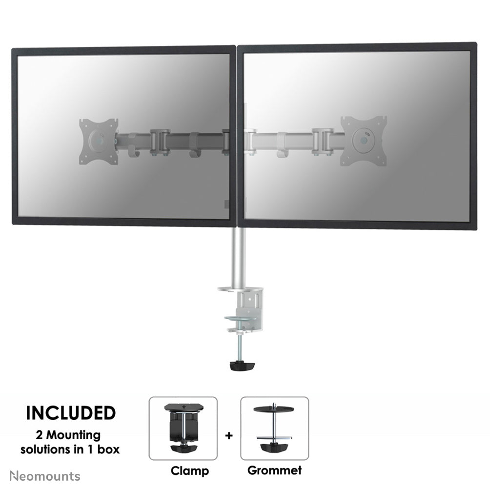 Neomounts NM-D135DSILVER – Monitorarm Tischhalterung – 2 Monitore – 10–27" – VESA 75×75/100×100 mm – bis 8 kg