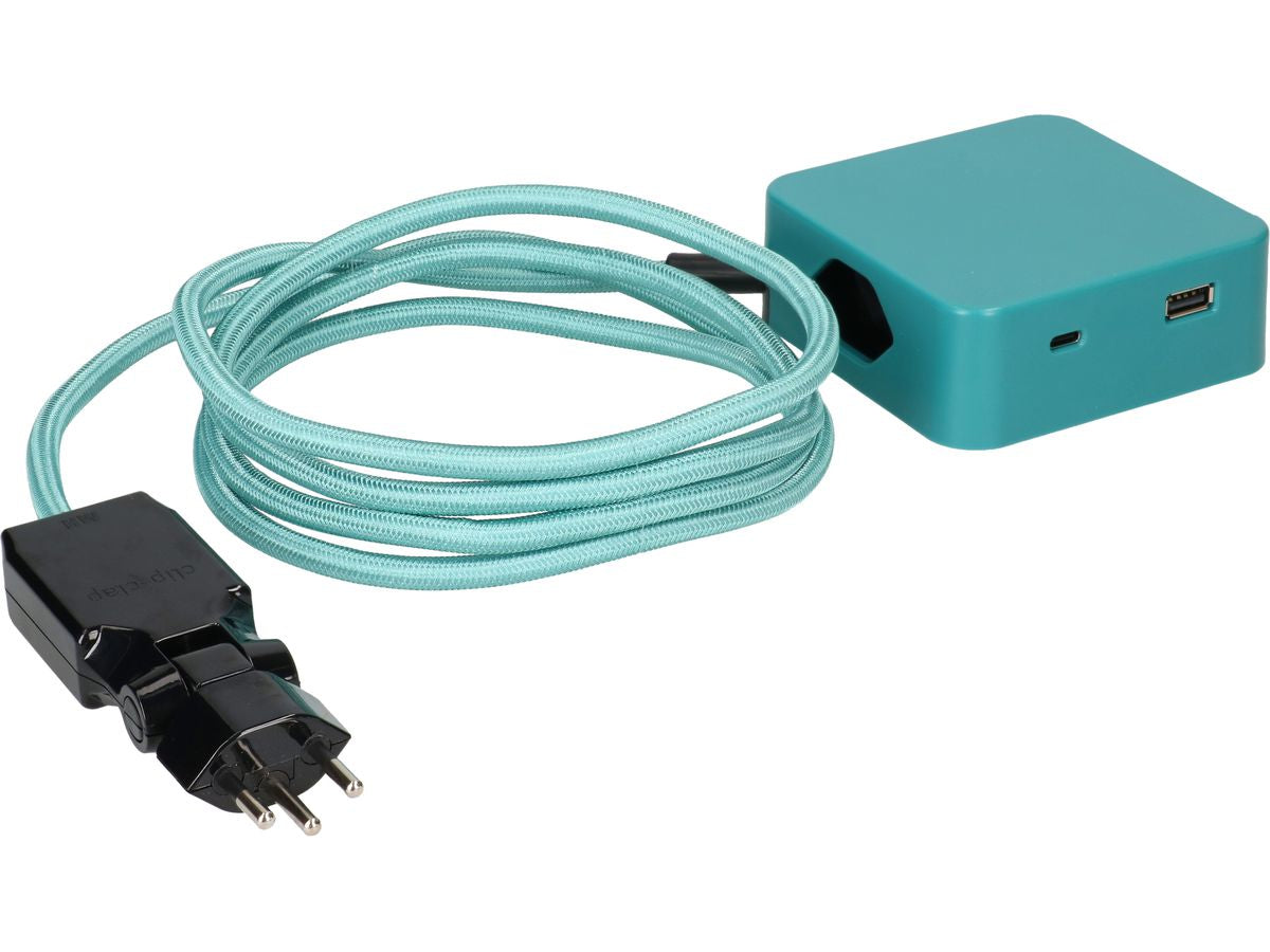 maxTEX Cube Steckdosenleiste – 3× T13, USB‑A/C, 2 m, ohne Schalter, IP20, schwarz/türkis