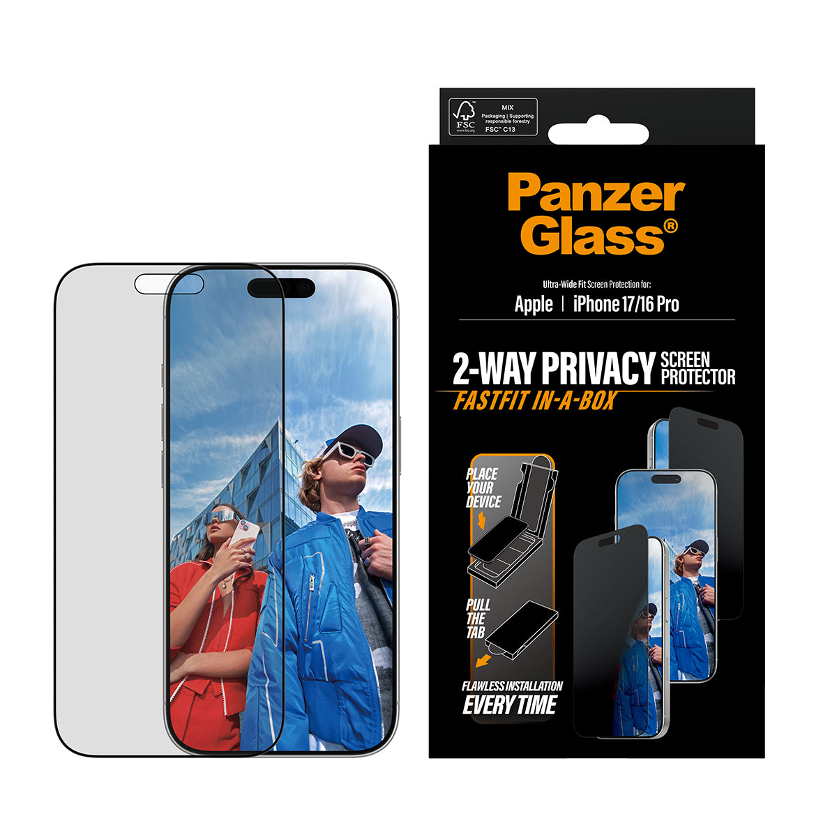 PanzerGlass Displayschutzfolie Privacy – für Apple iPhone 17 – kratzfest, aus recyceltem Material