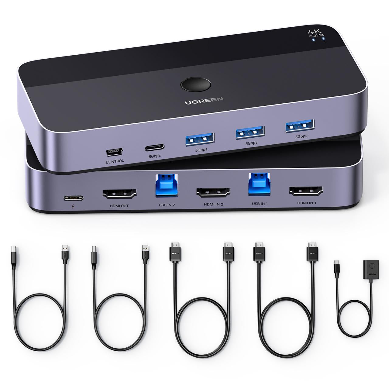 Ugreen 15707 – 2-Port HDMI KVM-Switch – 4K/60 Hz, USB 3.0-Hub, für PS5/PS4/Xbox One und mehr