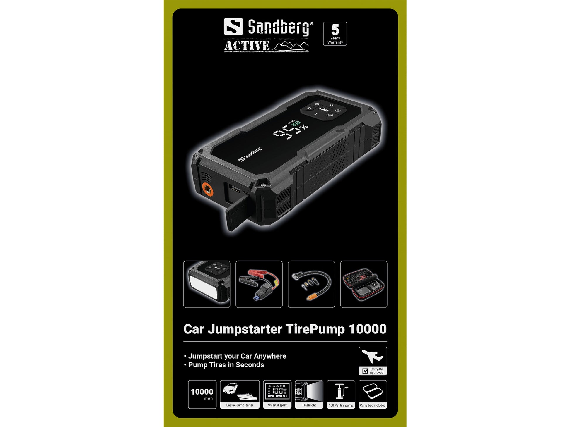 Sandberg TirePump Powerbank 10'000 mAh – integrierter Luftkompressor, Taschenlampe, schwarz