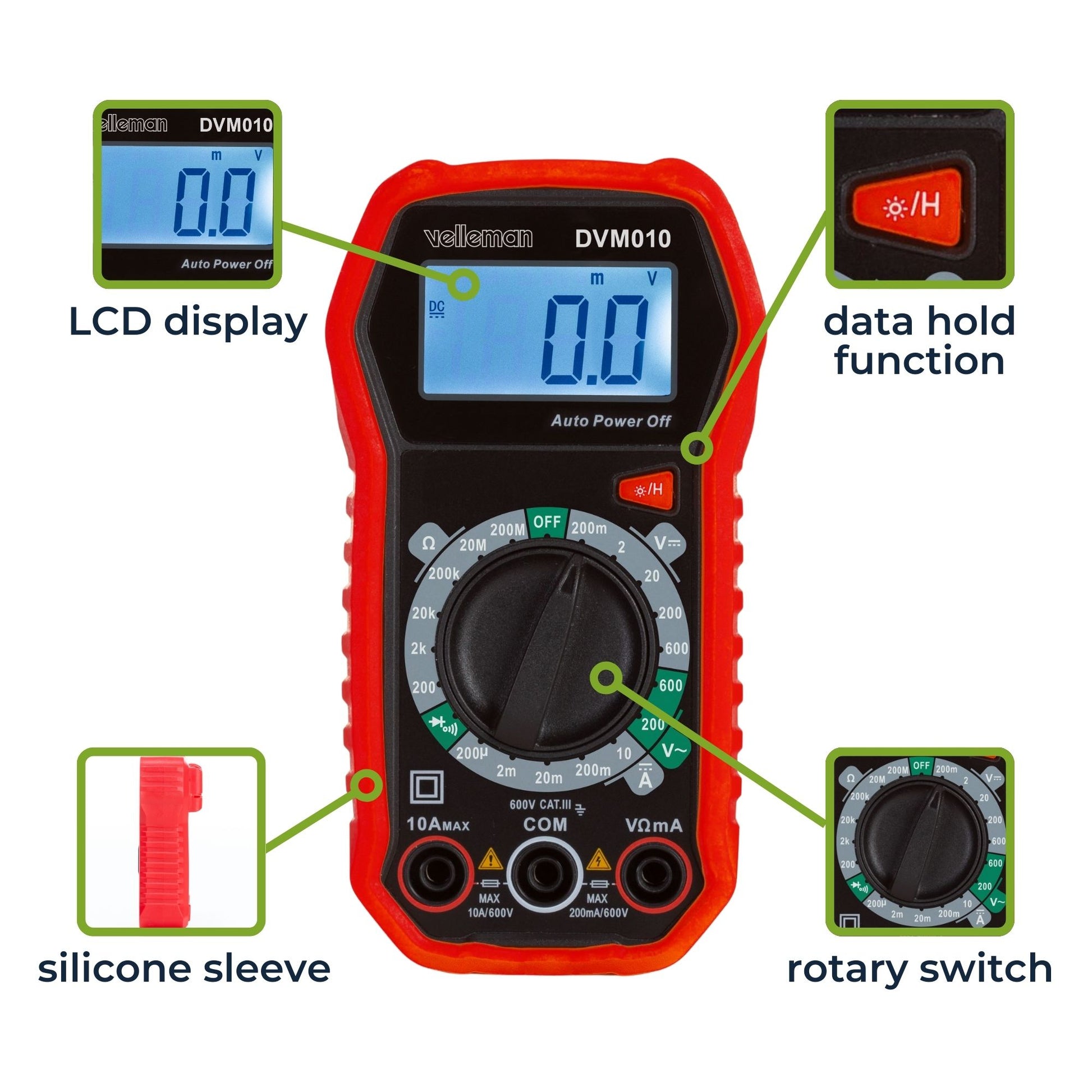 Velleman 469860 – Multimeter – 0,1–600 V AC, CAT III 600 V, Hintergrundbeleuchtung