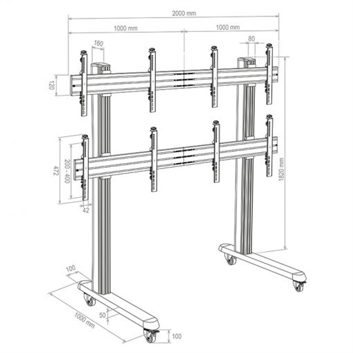 Hagor Videowandhalterung – 46–55" – VESA 75×75–800×400 – bis 160 kg, mit Rollen, für 4 Displays – HA-VWT