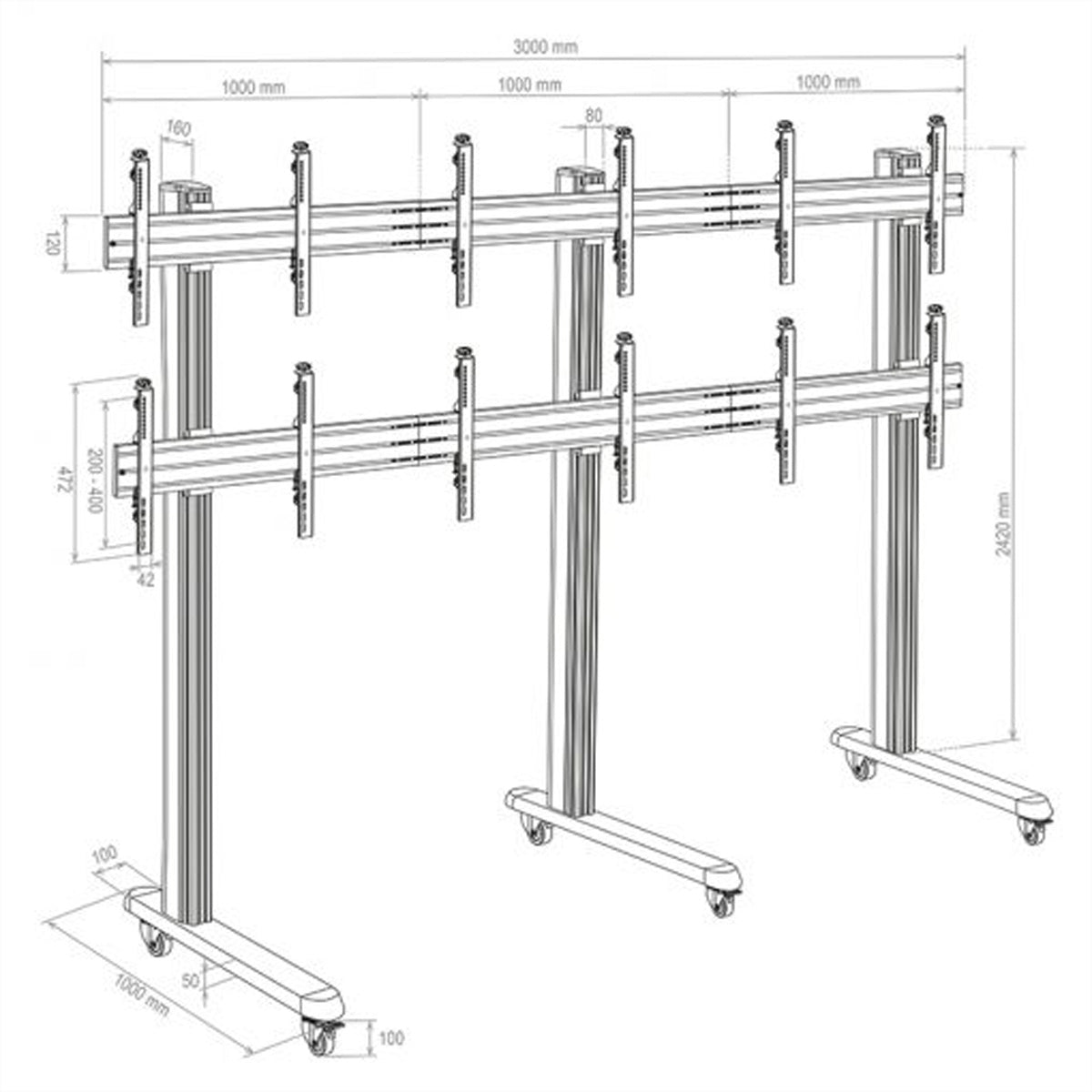 Hagor Videowandhalterung – 46–55" – VESA 75×75–800×400 – bis 240 kg, mit Rollen – HA-VWT 3×2