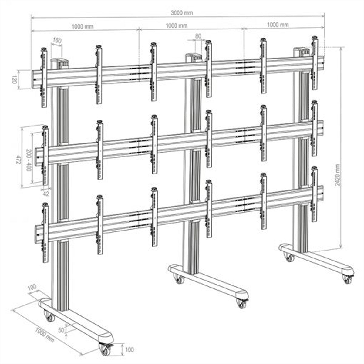Hagor Videowandhalterung – 46–55" – VESA 75×75–800×400 – bis 360 kg, mit Rollen, für 9 Displays – HA-VWT 3×3