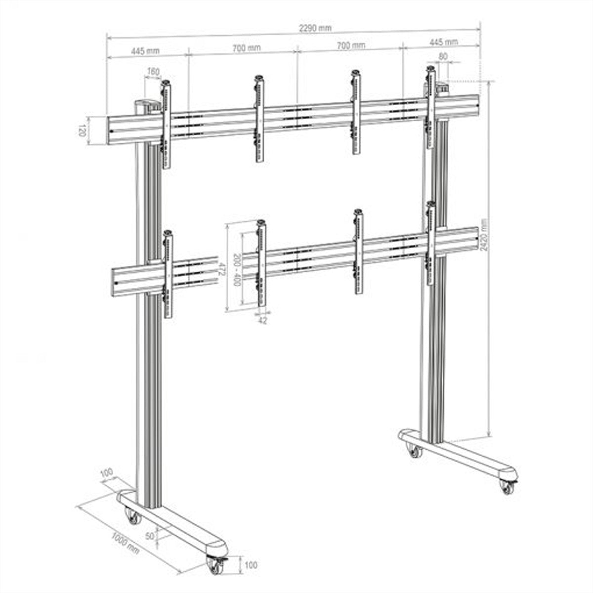 Hagor Videowandhalterung – 46–55" – VESA 75×75–400×400 – bis 160 kg, höhenverstellbar, für 2×2 Hochformat