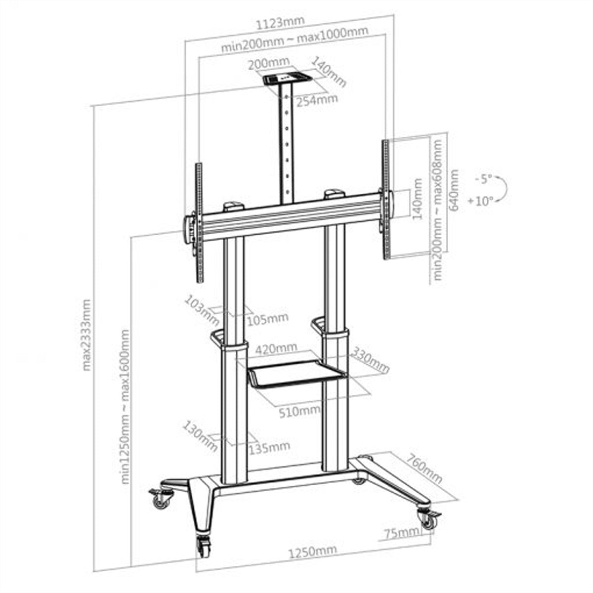 Hagor TV-Wagen – 65–120" – VESA 75×75–1000×600 – bis 140 kg, Höhenverstellbar, mit Rollen, Schwarz