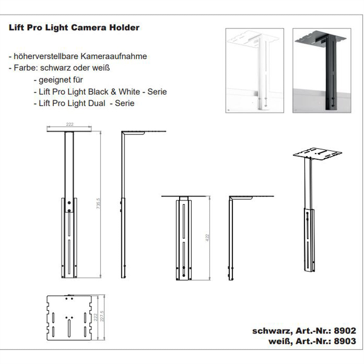 Hagor Lift Pro Light Kamerahalterung – 735 mm, Tragkraft 3 kg – für Lift Pro Light Black, White, Dual u. a.