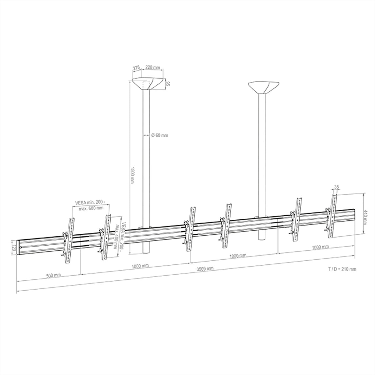 Hagor Deckenhalterung – 46–65" – VESA 200×200–600×400 – bis 120 kg, Neigbar, für 3 Displays – Schwarz