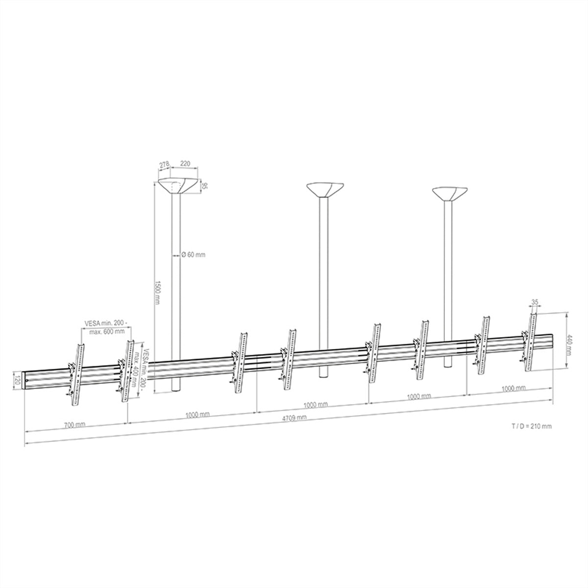Hagor Deckenhalterung – 46–65" – VESA 200×200–600×400 – bis 40 kg, neigbar, für 4 Displays – CPS D4L