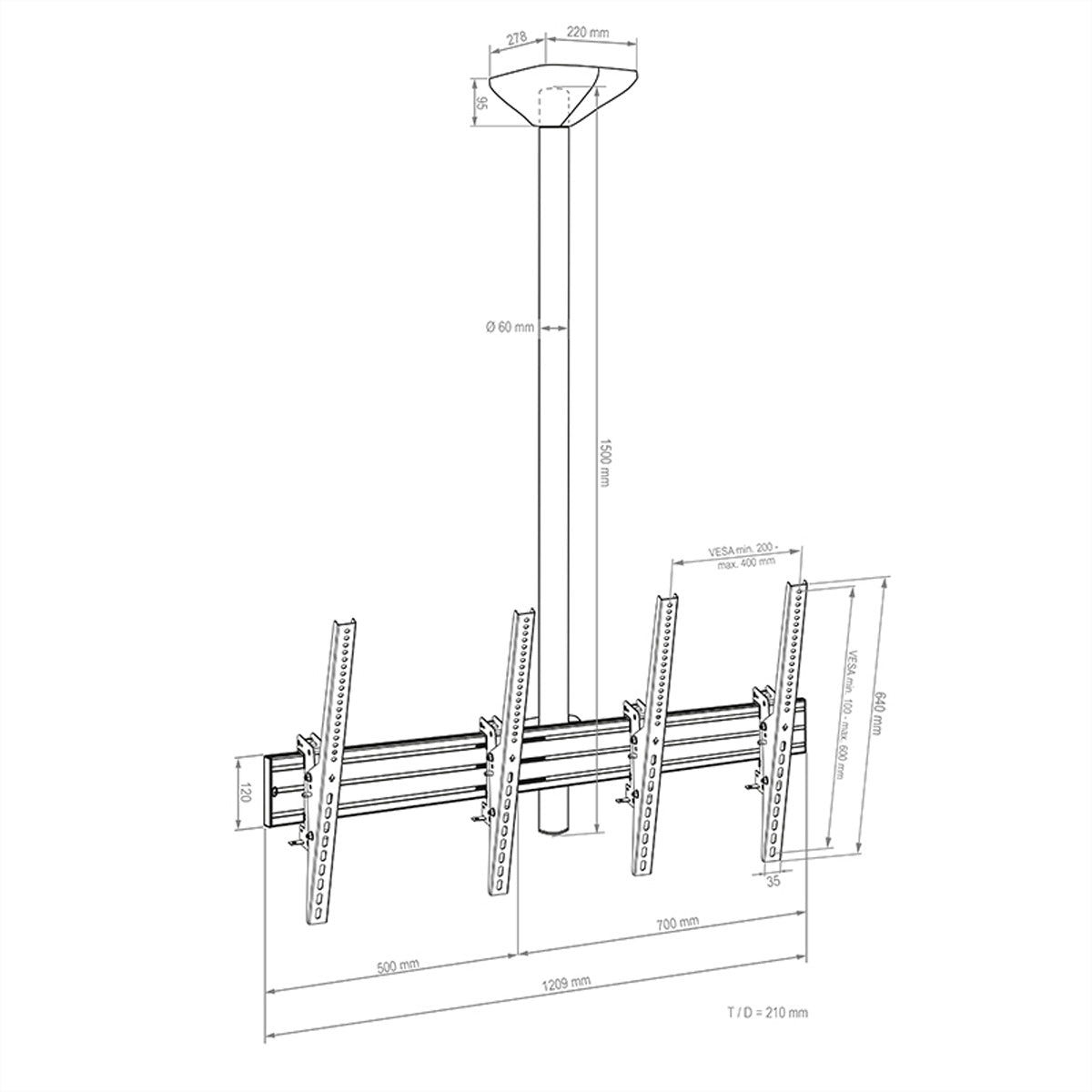 Hagor Deckenhalterung – Back-to-Back – 46–65" – VESA 200×100–400×600 – bis 40 kg, neigbar – CPS D2P