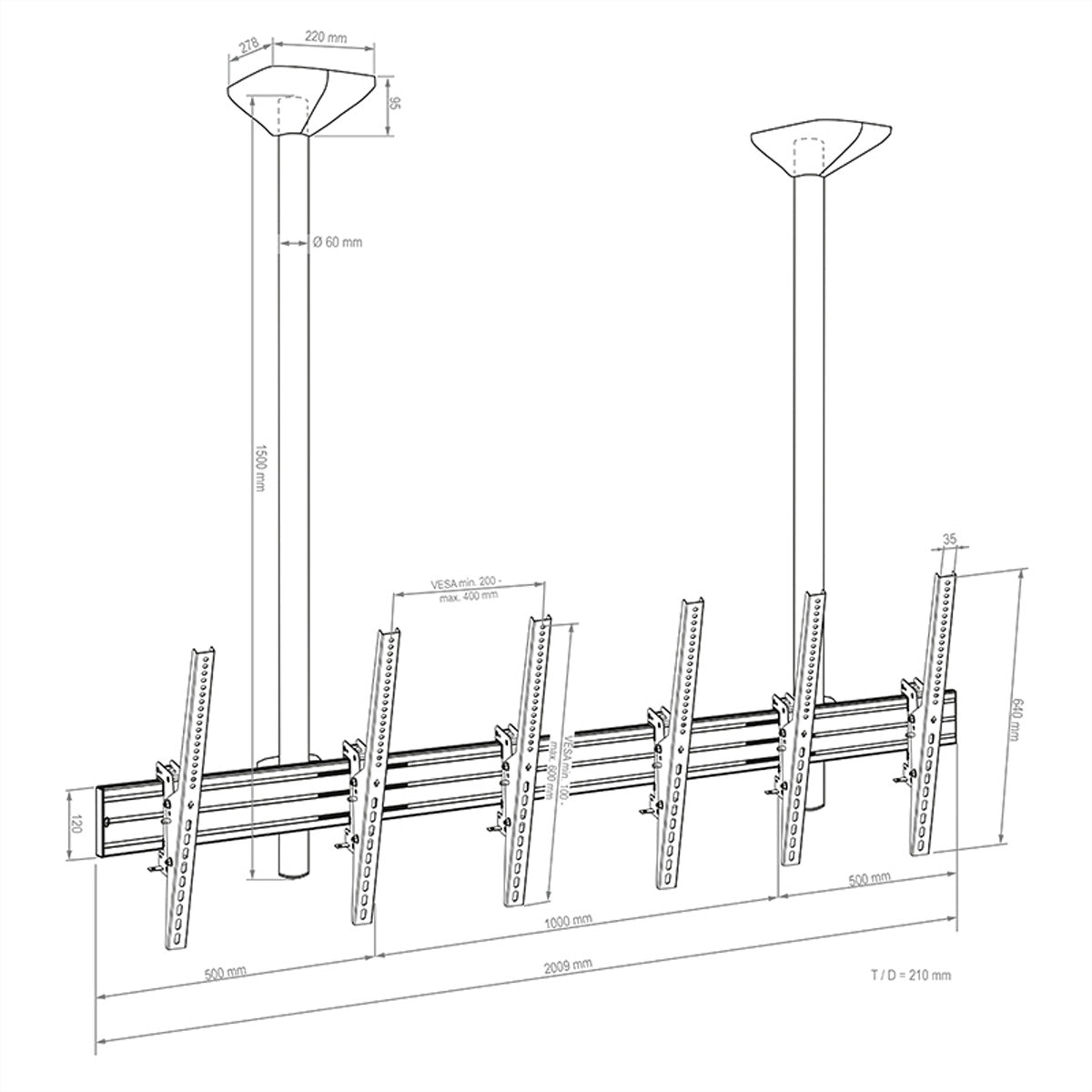 Hagor Deckenhalterung – neigbar – 46–65" – VESA 200×100–400×600 – bis 120 kg, für 3 Displays – CPS D3P