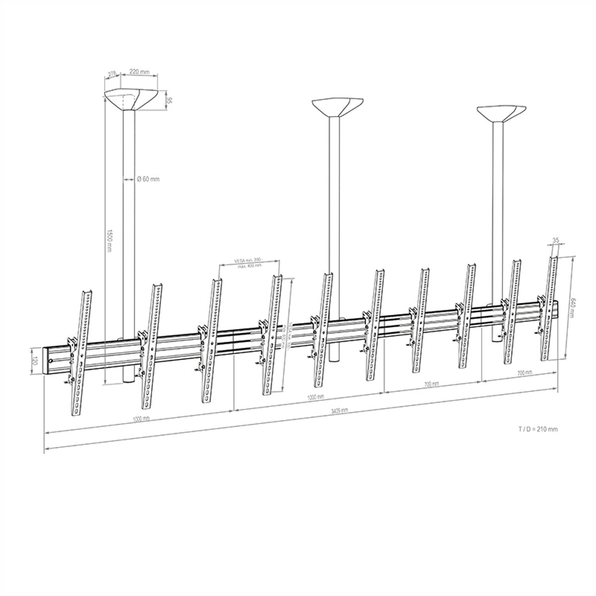 Hagor Deckenhalterung – 46–65" – VESA 400×600 – bis 200 kg, für 5 Displays, neigbar – CPS D5P