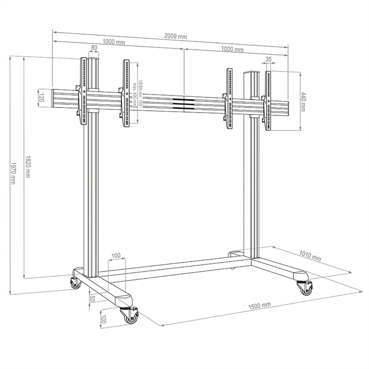 Hagor TV-Wagen – 55–65" – VESA 75×75–800×400 – bis 80 kg, Höhenverstellbar, mit Rollen, für 2 Displays