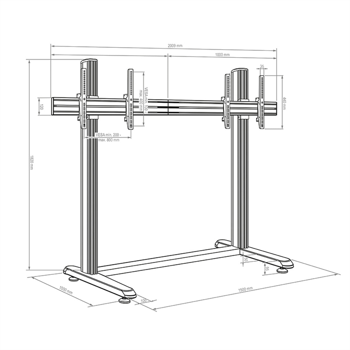 Hagor Bodenständer – 55–65" – VESA 200×100–800×400 – bis 50 kg, für 2 Displays, Höhenverstellbar